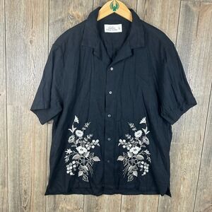 Abercrombie Summer Linen Blend Embroidered Floral Black Button Up Short Sleeve L